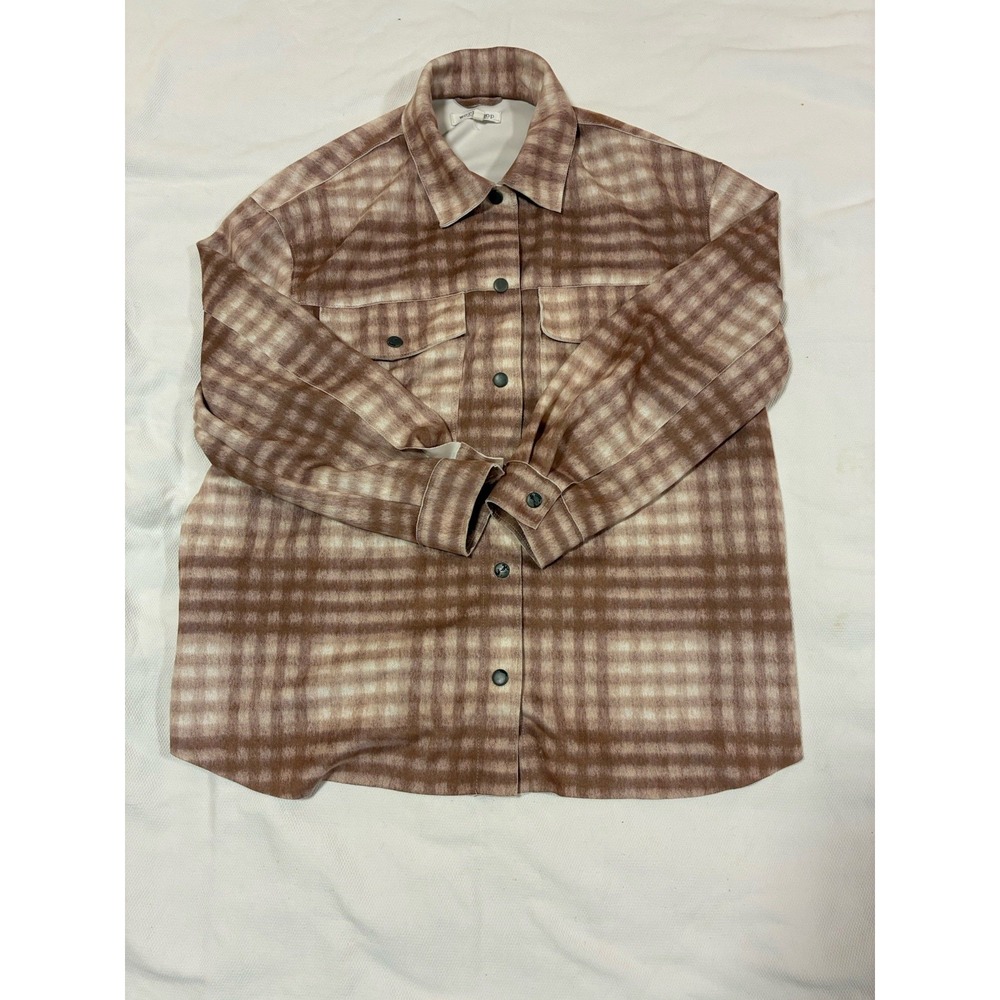 Workshop Women's M‎ Plaid Shacket Faux Leather Brown White Oversized Jacket